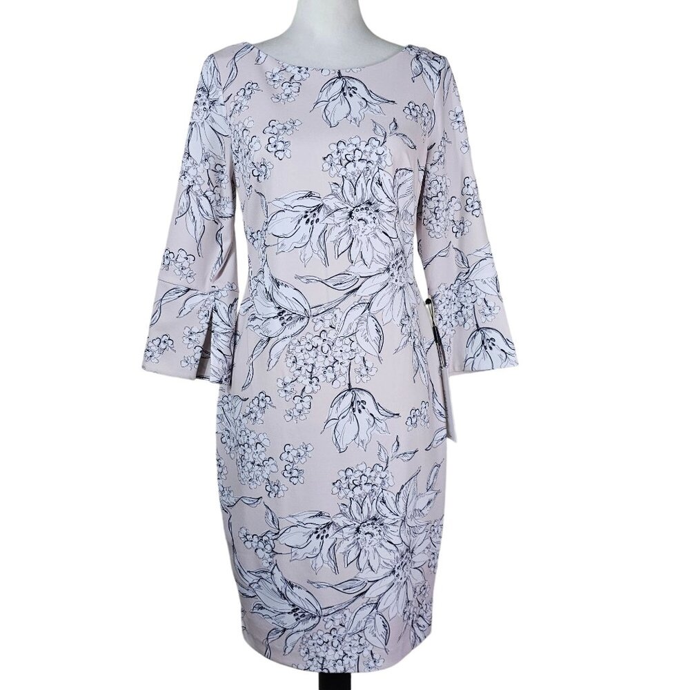Calvin Klein Pink Floral Print Midi Dress Sz 8 Bell 3/4 Sleeve Pastel Dainty